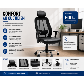 Chaise de bureau BOSTON noir, ergonomique et réglable Disponible chez WORKROOM.TN Tunisie