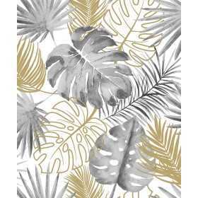PAPIER PEINT VÉGÉTAL PALMES JUNGLE GRIS ET OR